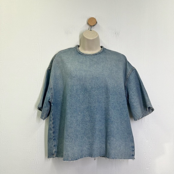 Zara - Blue Stonewashed With Frayed Hemline Denim Short Sleeve Shirt Size XS - Picture 2 of 12